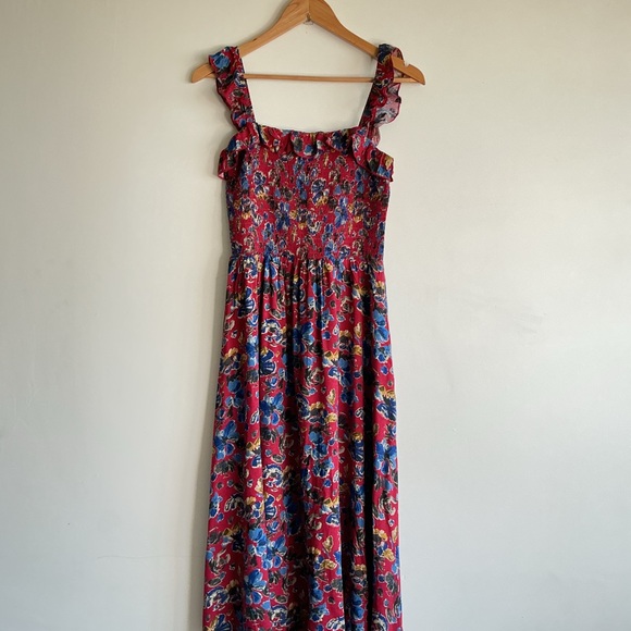 NEW Natural Life Smocked Floral Midi Dress Red Blue Boho M Cottage Romantic - Picture 4 of 7